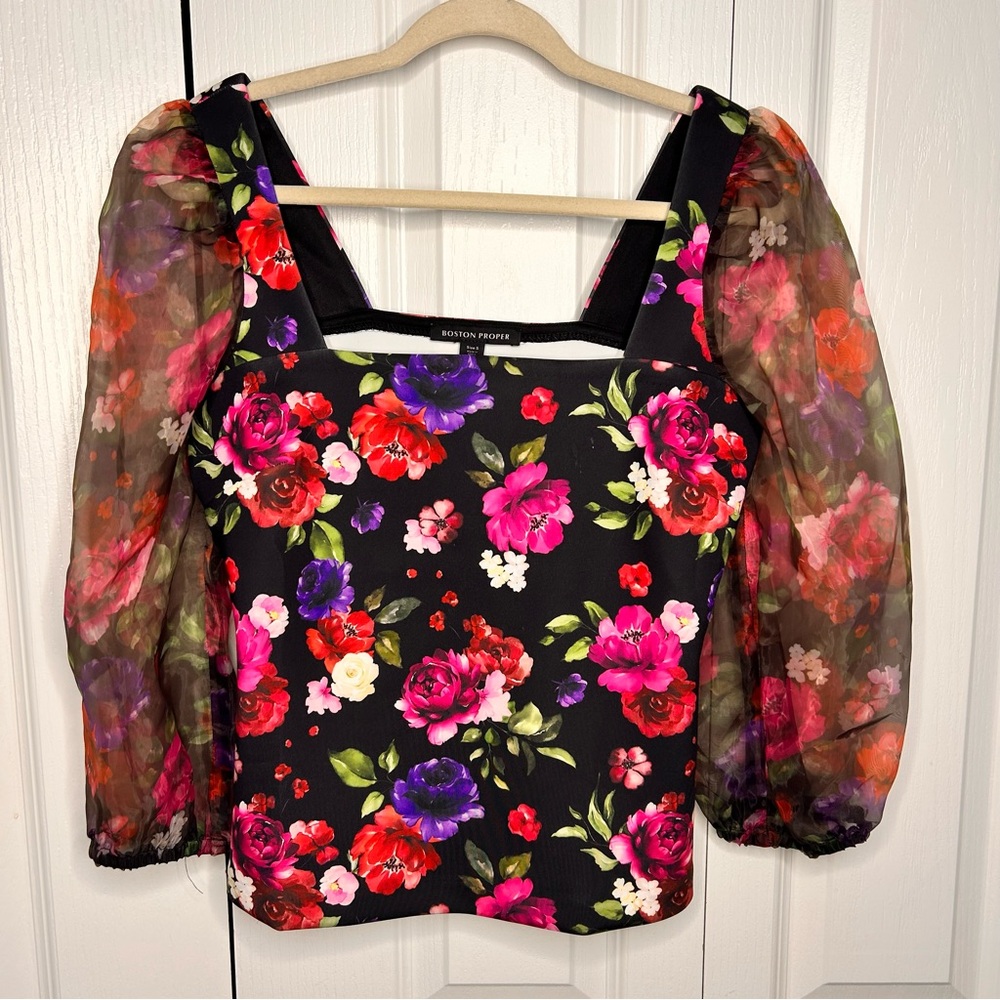 Boston Proper Sz S Floral Print Organza Puff Sleeve Square Neck Blouse‎ Romantic